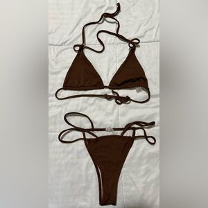 Brown Ribbed Triangle Bikini Set